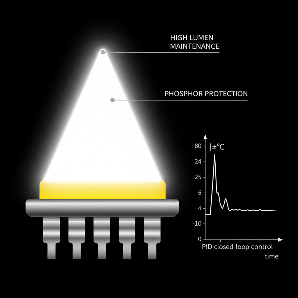 LED灯珠高清侧断面图，展示完美焊接界面、无空洞且荧光粉未黄化，芯片发纯净白光，高流明输出，配有PID闭环温控曲线。