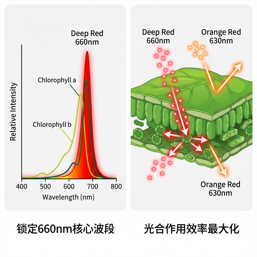 660nm深红光与植物光合作用关系示意图，对比660nm和630nm对叶绿素吸收效率的差异，强调锁定660nm波段的重要性