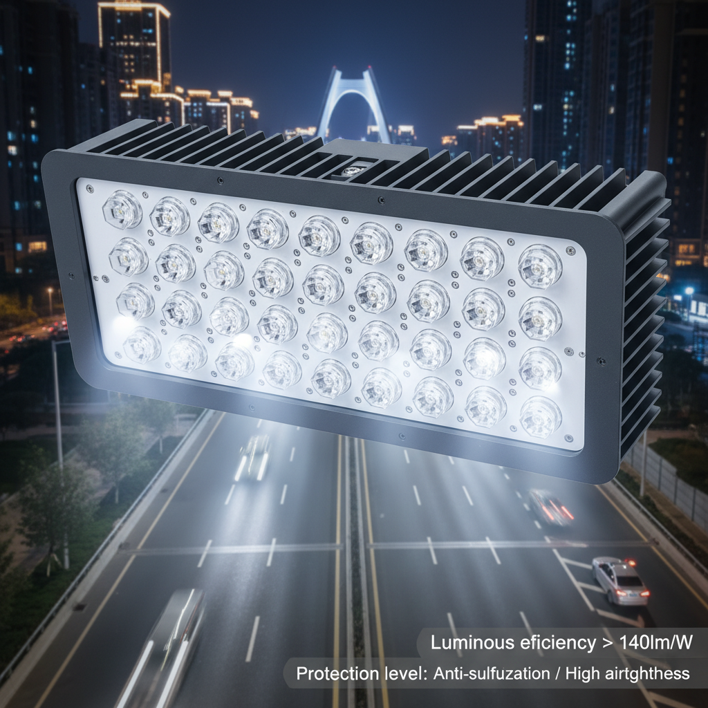 3535陶瓷白光在户外道路照明中的应用实景渲染图，展示高架桥或隧道内明亮均匀的照明效果，特写路灯内部排列的陶瓷灯珠及二次光学透镜。