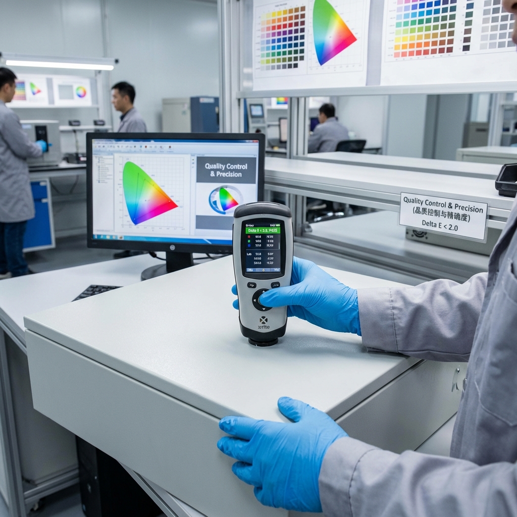品质控制与精确度场景图，技术人员正在使用精密分光测色仪检测喷涂RAL 7035色的配电箱，测色仪显示“Delta E < 2.0”，强调从数字RGB到物理成品的严谨转换。