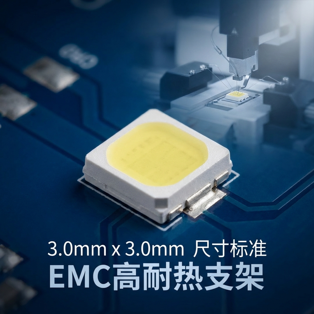 一颗3030贴片灯珠的宏观特写，尺寸为3.0mm x 3.0mm，展示了其荧光粉涂层、EMC支架和散热设计，背景是LED封装实验室，强调其精密制造和EMC高耐热支架技术。