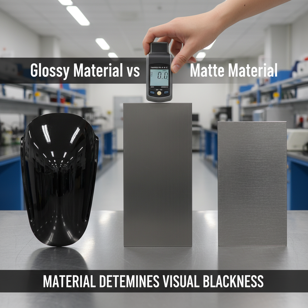 CMF设计中材质对黑色的影响，展示了高光、哑光、拉丝金属在同样Pantone Black 6 C下的视觉差异，并有色差仪测量场景
