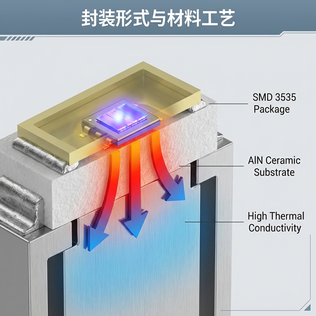 SMD 3535高功率UVLED灯珠内部结构与氮化铝陶瓷基板散热逻辑三维剖面图。