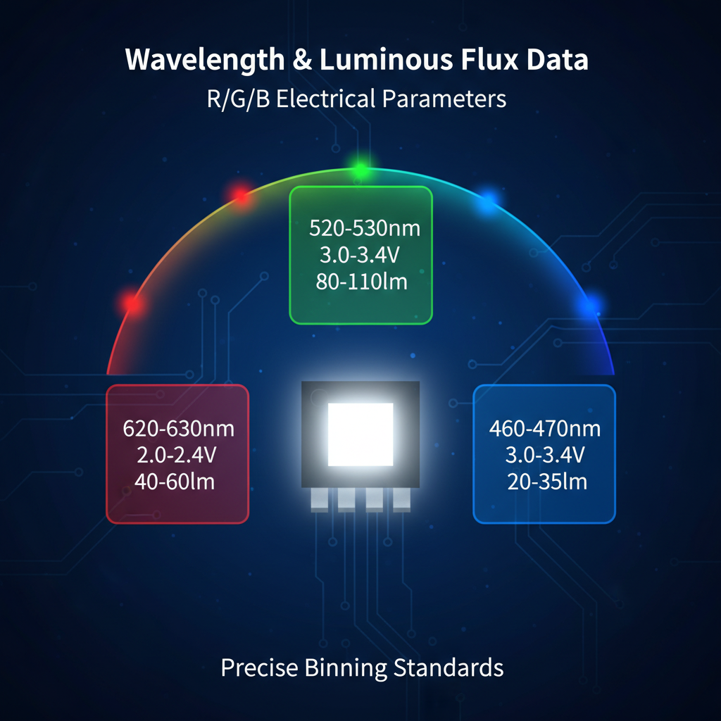 关键光电参数可视化图表：展示点亮的3535 RGB灯珠，周围环绕着R/G/B的核心数据标注（波长、电压、光通量），并衬以色域马蹄图，便于快速理解电性参数。