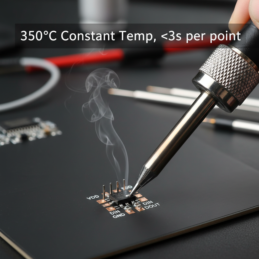 特写展示5050幻彩LED手工焊接过程，T12刀型烙铁头精准接触焊盘，并标注“350℃ 恒温焊接，单点<3秒”