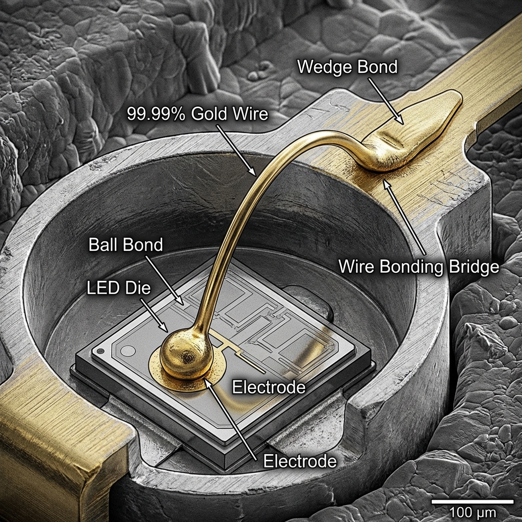 微观示意图：LED芯片与支架间99.99%纯金线的焊线工艺，清晰展示球焊、楔焊及完美抛物线弧度。