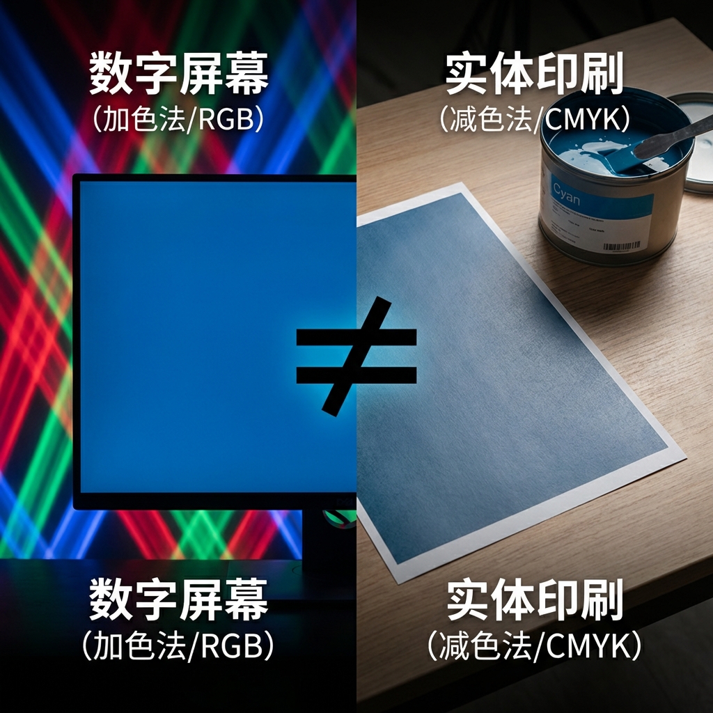 一张对比鲜明的横向分屏构图，展示屏幕发光色与印刷油墨色的本质区别。左侧是一个发光的专业显示器，屏幕上显示着高饱和度的深海蓝（Hex: #003366），背景是代表RGB的红绿蓝光束交织；右侧是放在桌面上的实体印刷品，呈现出略显暗淡的灰蓝色，旁边放着一罐青色油墨。中间用一个明显的‘不等号’连接。画面中包含文字标注：左侧为‘数字屏幕 (加色法/RGB)’，右侧为‘实体印刷 (减色法/CMYK)’。整体风格专业、现代，强调文章开篇提到的‘两个世界’的冲突。