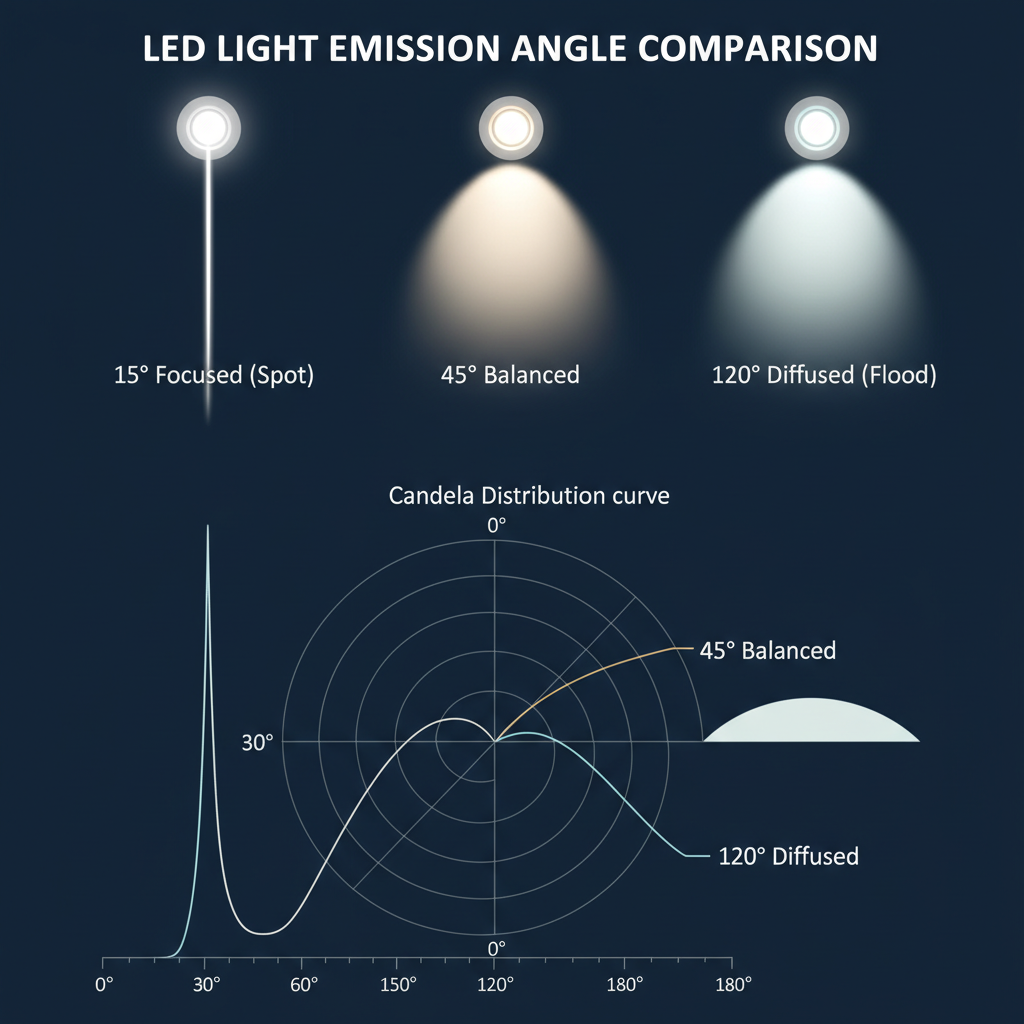 对比矩阵图，展示15°窄角、45°中等角和120°广角LED的光束形状与配光曲线图，强调45°在亮度与覆盖范围之间的均衡性。