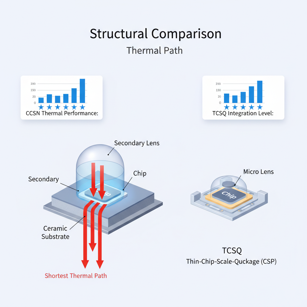 CCSN与TCSQ封装的精密3D剖面技术对比图,展示二者在散热结构(CCSN)和紧凑设计(TCSQ)上的内部差异,并标注关键组件。