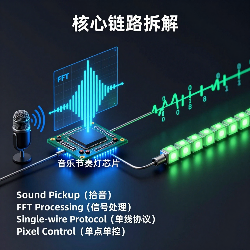 一张精细的信号处理流程图，直观解释文中‘核心链路拆解’的部分。画面左侧是一个麦克风图标捕捉声波信号，中间是一个发光的MCU芯片（标注为‘音乐节奏灯芯片’），芯片上方悬浮着FFT（快速傅里叶变换）的频谱柱状图，展示声音从时域转频域的过程。芯片右侧延伸出一根单线数据线，传输着代表WS2812B协议的数字序列（0和1的脉冲波形）。数据流向右侧的一串LED灯珠，每一颗灯珠内部都有一个微小的IC方块在处理数据。构图清晰，具有工业设计美感，配色采用深色底色配亮色科技蓝和荧光绿。
