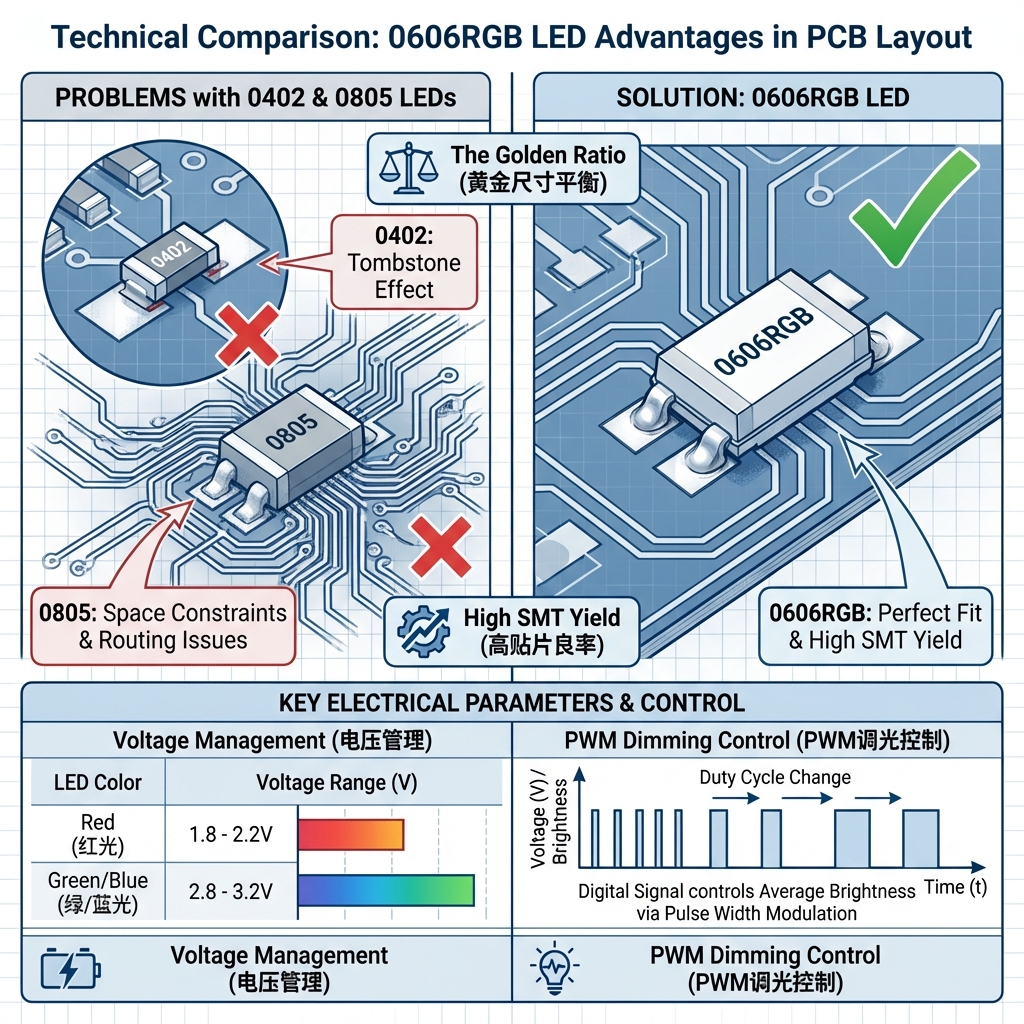 一张技术对比示意图，直观展示0606RGB灯珠在PCB布局中的优势。画面分为左右两部分：左侧显示一颗极小的0402灯珠在焊盘上出现“立碑”现象，以及一颗较大的0805灯珠占用过多空间导致布线拥挤；右侧则重点展示0606RGB灯珠在PCB上的完美适配，焊盘间距适中，焊接饱满。图表下方附带一个关键电气参数对比表，标明红光（1.8-2.2V）与绿/蓝光（2.8-3.2V）的电压差异，并以波形图展示PWM（脉冲宽度调制）控制逻辑。标注文字：The Golden Ratio (黄金尺寸平衡), High SMT Yield (高贴片良率), Voltage Management (电压管理), PWM Dimming Control (PWM调光控制)。