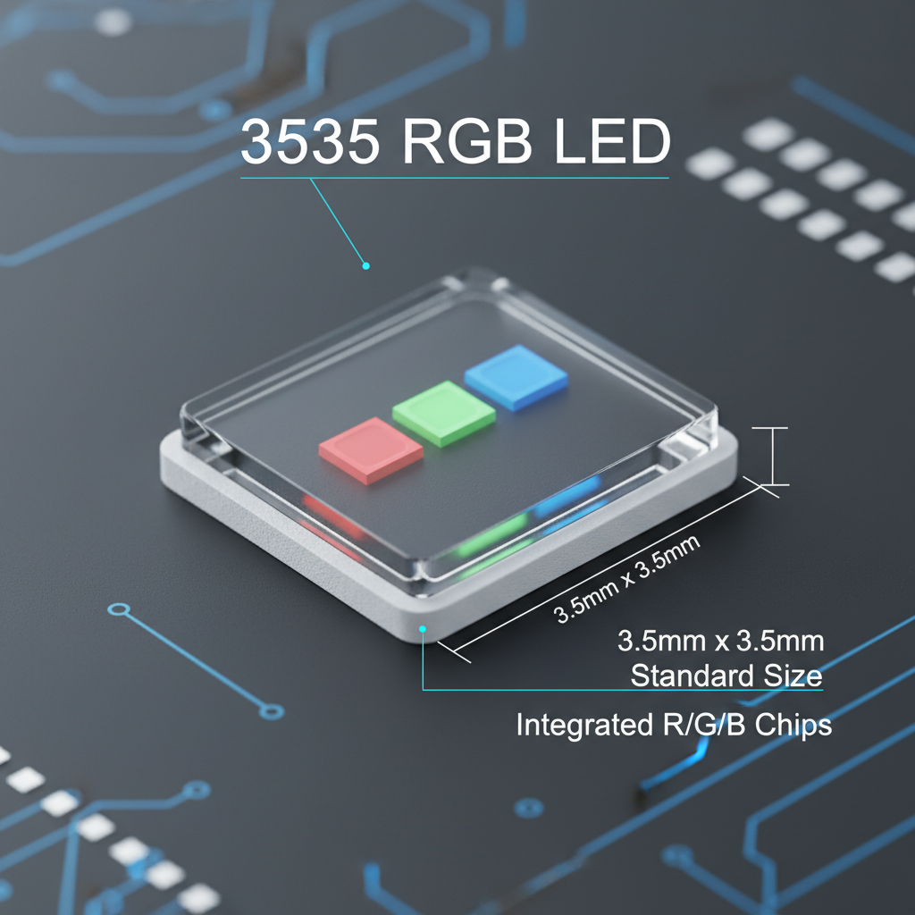 宏观产品特写图：展示3535 RGB灯珠的科技感3D渲染，突出其3.5mm x 3.5mm的标准尺寸和内部R/G/B芯片排列，强调其精密和高功率特性。