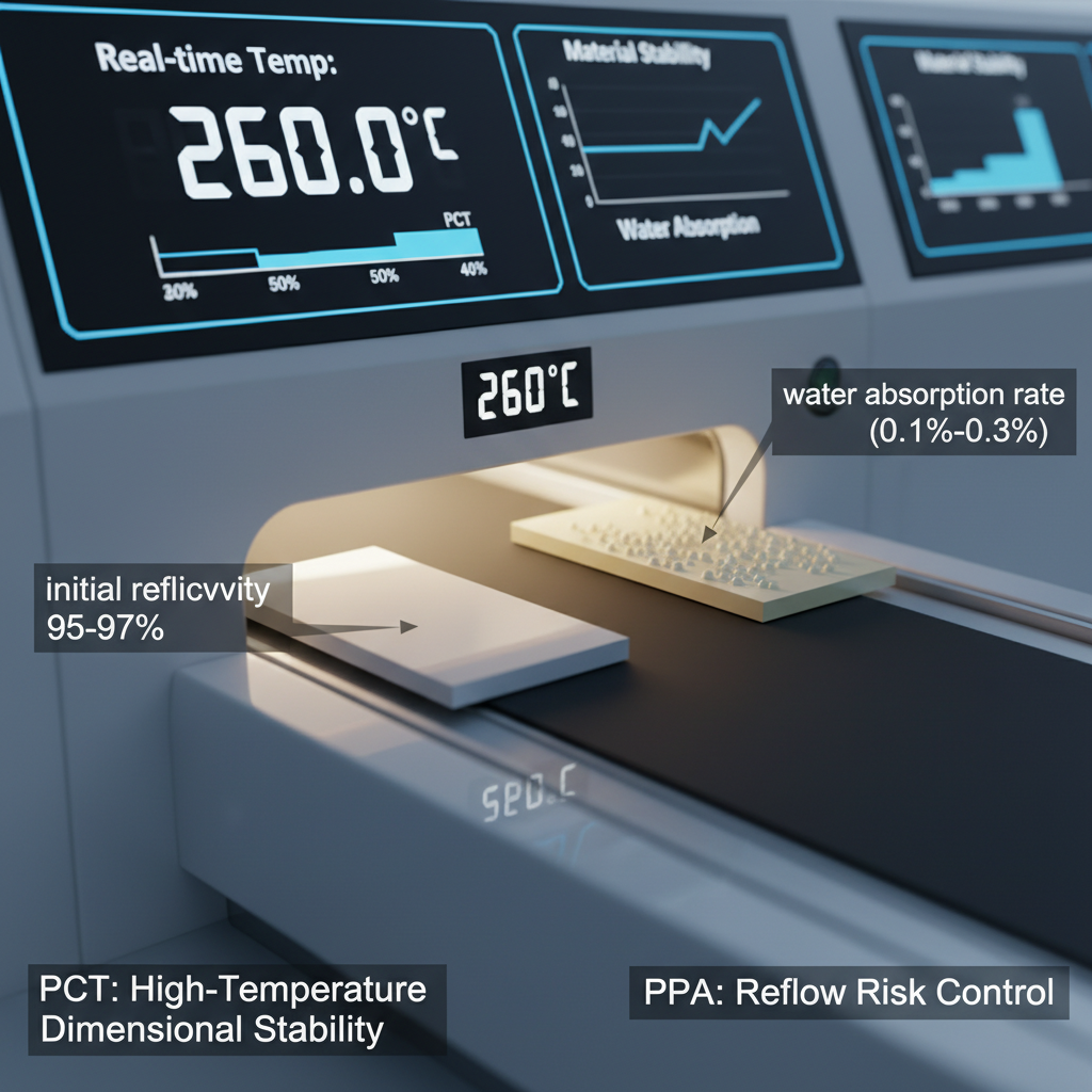 LED封装回流焊工艺对比：左侧PCT支架在260°C高温下结构稳定，反射率高；右侧受潮PPA支架在高温下出现微小气泡（爆米花现象），并标注其吸水率0.1%-0.3%。背景有实验室仪表盘显示实时温度。