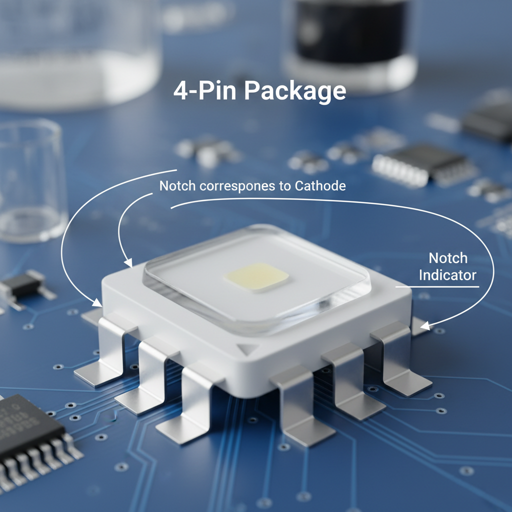 高精度、专业级的4脚5050 LED芯片3D渲染特写，突出其正方形外壳和四个宽大金属引脚，并清晰捕捉到芯片表面的缺角标识，用科技感线条标注‘缺角对应负极 (Cathode)’，背景展现现代电子实验室氛围。