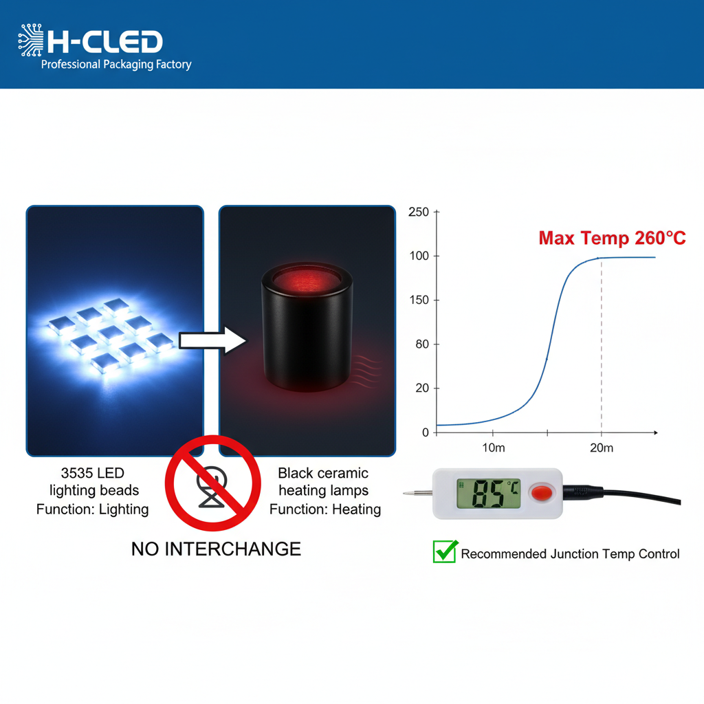 对比3535 LED照明灯珠与陶瓷加热灯，并展示SMT回流焊温度曲线和建议结温控制，澄清误区和提供工程建议