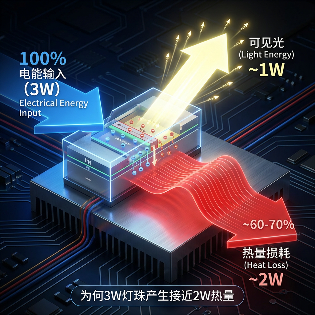 LED能量转换示意：30%-40%为光能，60%-70%为热损耗，标注PN结与功率分配