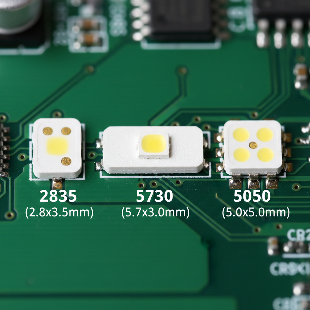 三种LED芯片尺寸对比：2835、5730和5050在电路板上展示，并标注尺寸，清晰展示它们在长宽上的视觉差异。