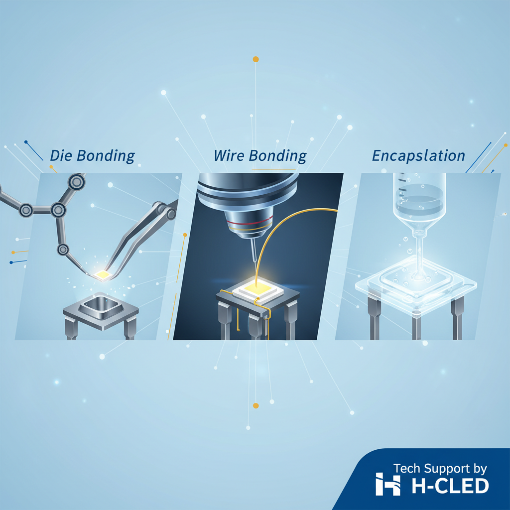 圆形LED封装的工业流程图，展示了固晶、焊线和灌封三个核心步骤，强调恒彩电子的精密制造技术。