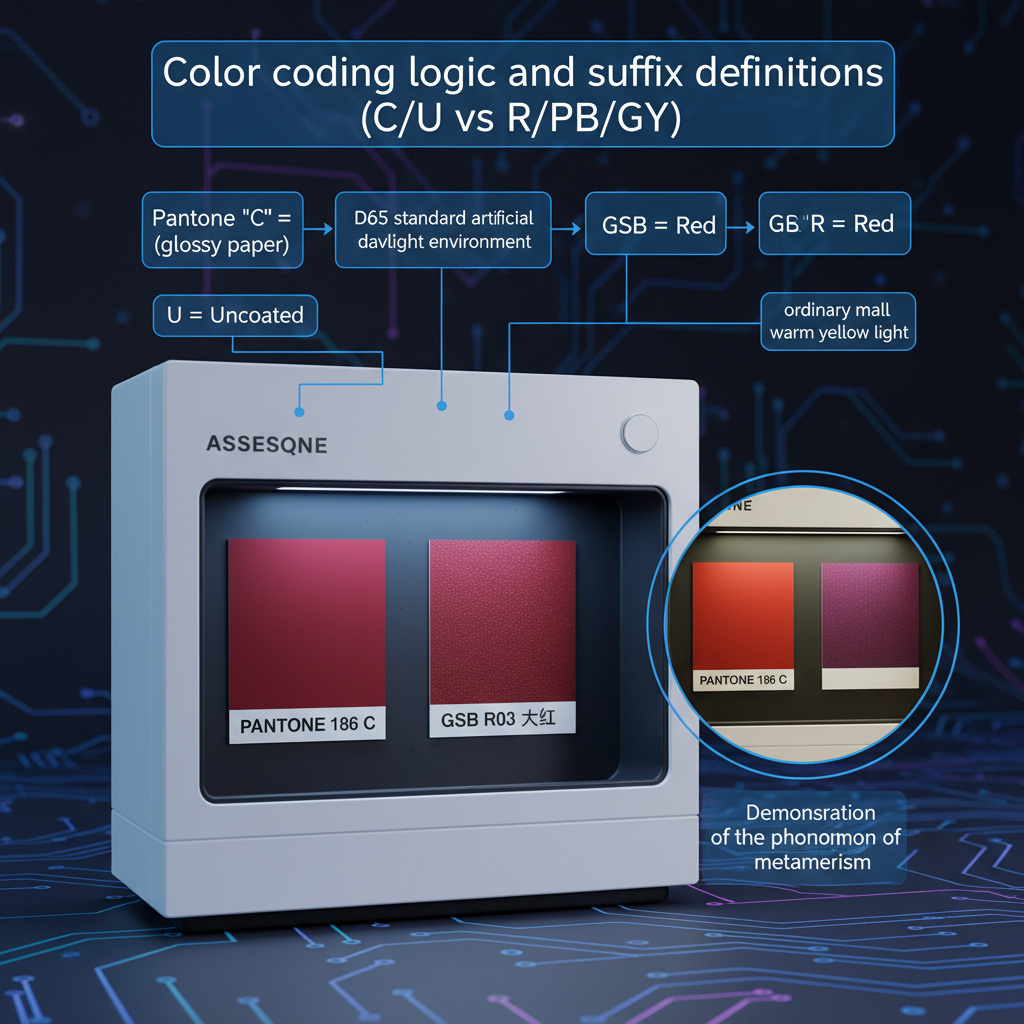 色彩编码逻辑与同色异谱现象在D65标准光源与商场黄光下的对比，展示Pantone与GSB色块在不同光源下的色差。