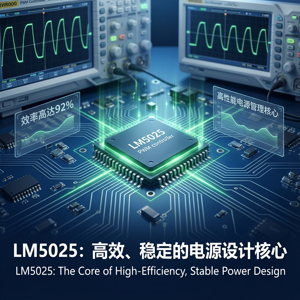 LM5025芯片在现代化电路板上的视觉引导图，周围散发绿色能量光芒，背景有示波器显示PWM波形，上方标注“LM5025：高效、稳定的电源设计核心”，侧边信息框展示“效率高达92%”和“高性能电源管理核心”，营造科技感和高效氛围。