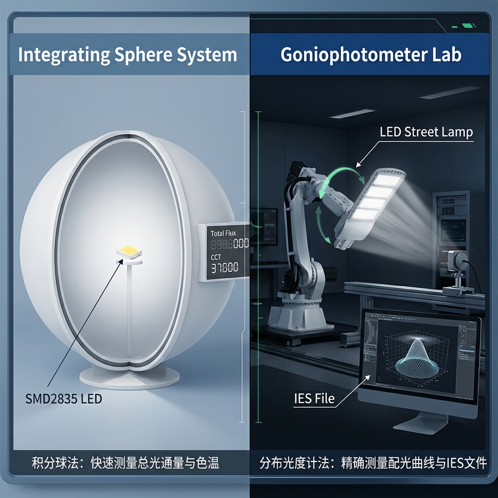 积分球与分布光度计对比示意图。左侧为白色积分球，内部均匀发光，中心为恒彩电子SMD22835灯珠；右侧为暗室中的分布式光度计，机械臂正在旋转大型LED路灯进行测量，旁边显示配光曲线网格。