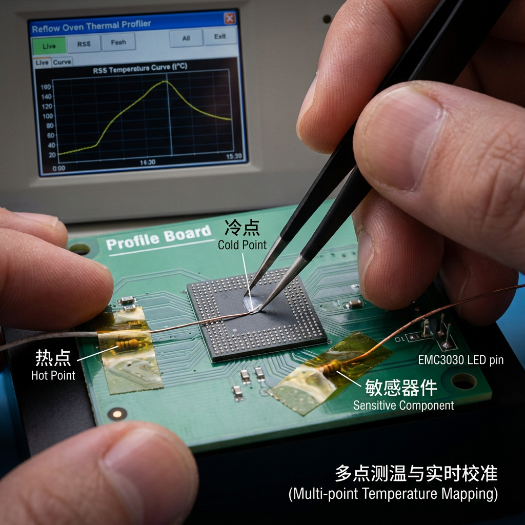 一张特写镜头，展示SMT工程师正在制作‘测试板’的实战场景。K型热电偶测温线被精准地固定在PCB板的不同位置：一个点在大型BGA芯片的中心（标注为：冷点），一个点在板边的小电阻上（标注为：热点），另一个点贴在EMC3030 LED灯珠的引脚旁（标注为：敏感器件）。背景是一台炉温测试仪的屏幕，显示着正在实时波动的RSS升温曲线，旁边标注文字：多点测温与实时校准。