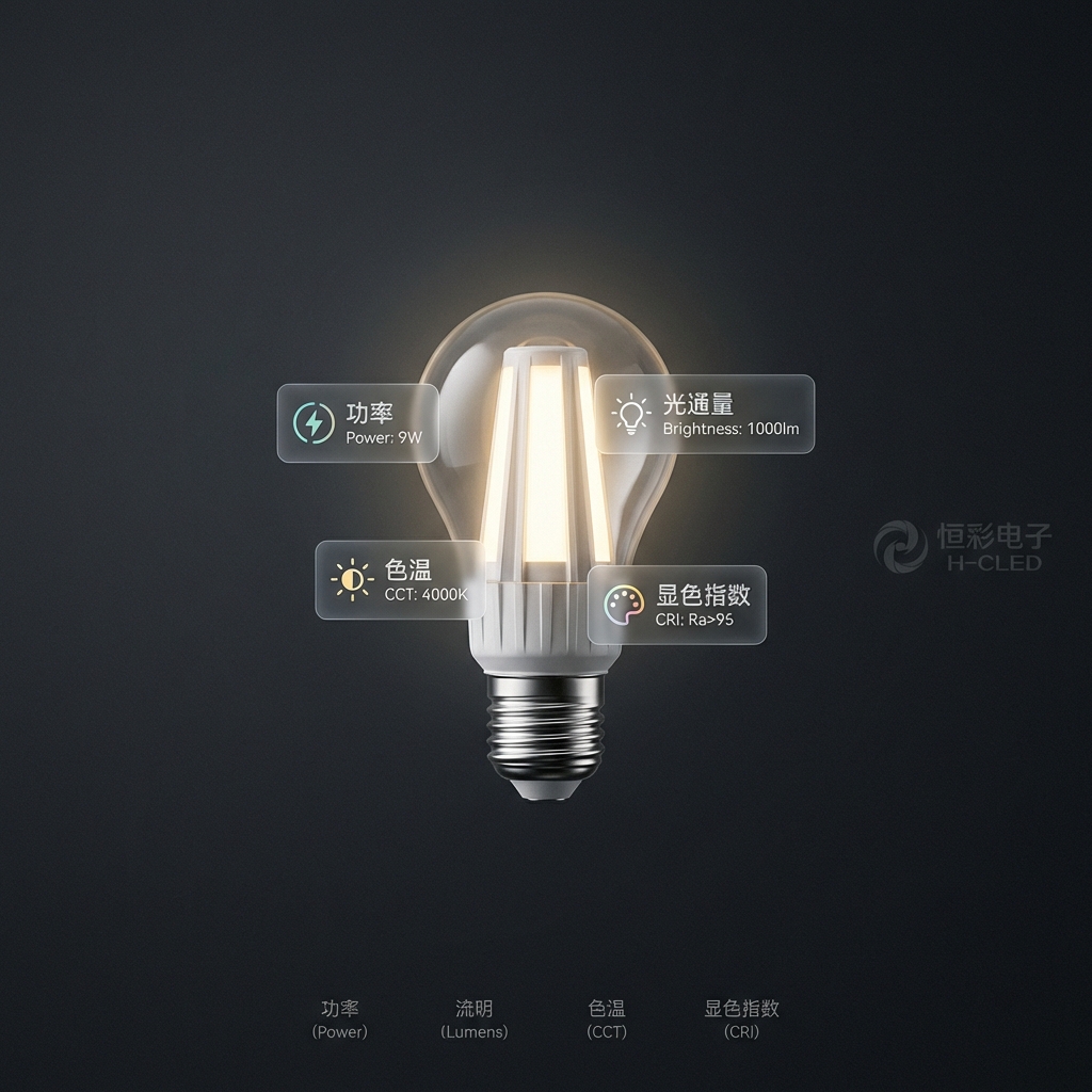 科技感LED灯泡特写，展示功率9W、亮度1000lm、色温4000K、CRI Ra>95等核心参数的全息投影标签，强调光效和恒彩电子品牌。