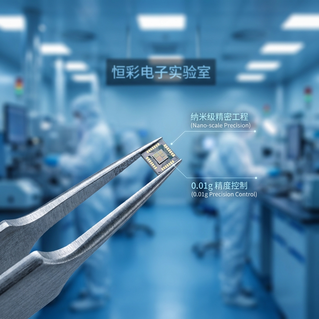 微距镜头下的LED芯片与精密工程，强调纳米级精度和0.01g胶水控制，背景为恒彩电子无尘实验室。