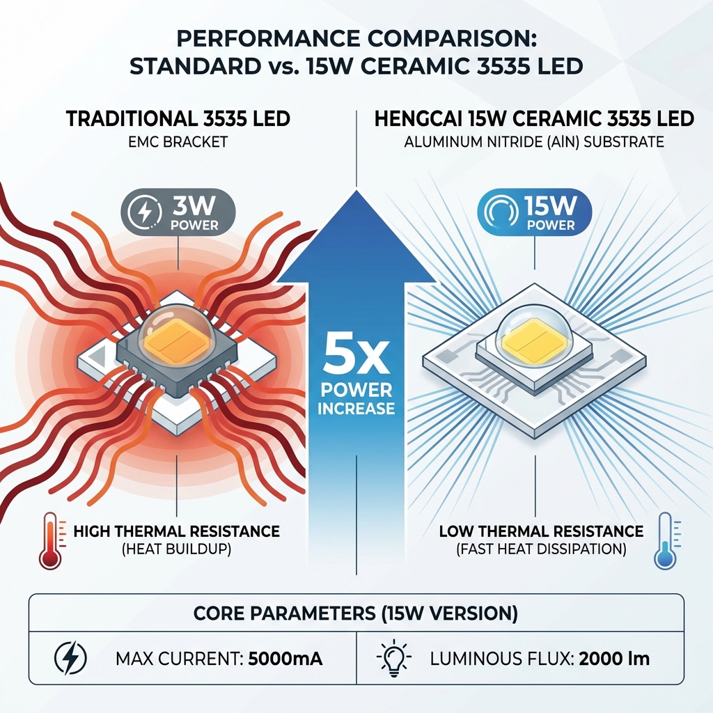 一张性能对比信息图。左侧显示传统3535灯珠(EMC支架,3W,热阻高),右侧为恒彩15W陶瓷3535灯珠(氮化铝基板,15W,热阻低)。中间箭头标注“5x Power Increase”。下方列出“Max Current: 5000mA”和“Luminous Flux: 2000 lm”等核心参数,直观展示技术优势。