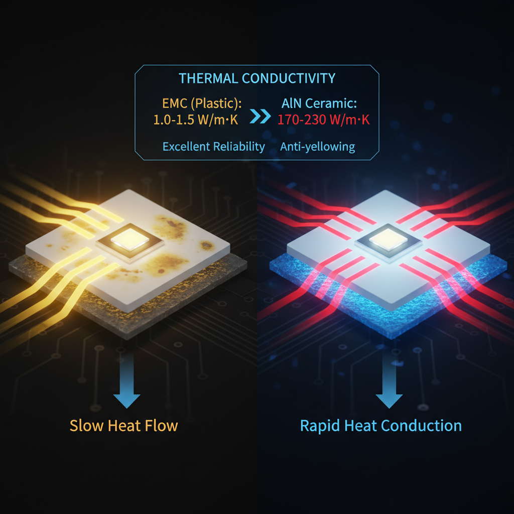 陶瓷基板与塑料支架散热性能对比图，展示陶瓷材料在导热率和抗黄化方面的决定性优势