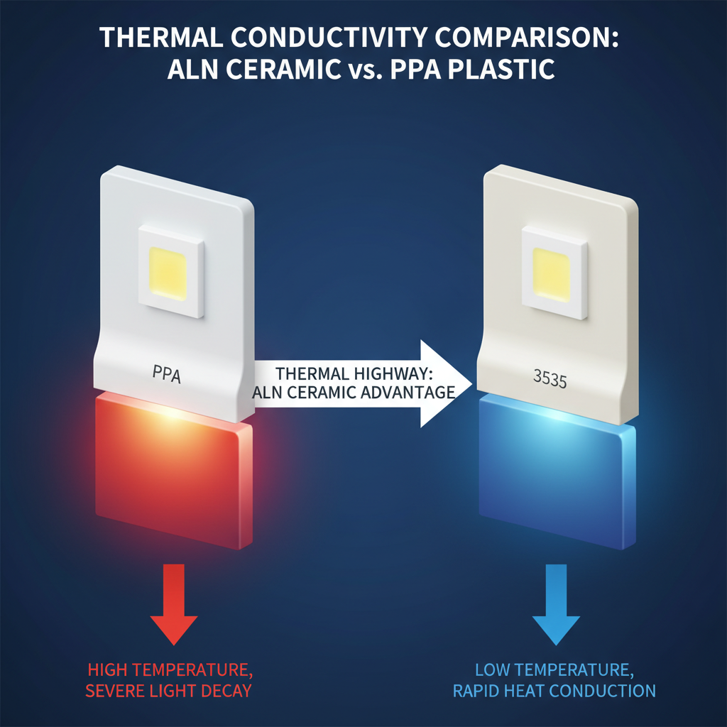 传统PPA塑料支架LED与3535陶瓷基板LED的散热性能对比3D渲染图，显示陶瓷基板LED拥有更优异的导热性能，有效降低结温。
