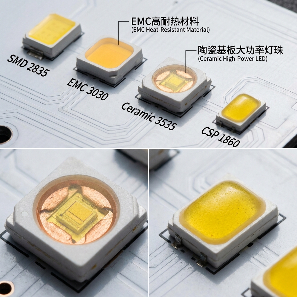 汽车LED灯珠宏观特写，展示SMD 2835、EMC 3030、陶瓷3535和CSP 1860等不同封装类型，突出陶瓷3535的红铜支架和荧光粉涂层，体现工业级制造细节。