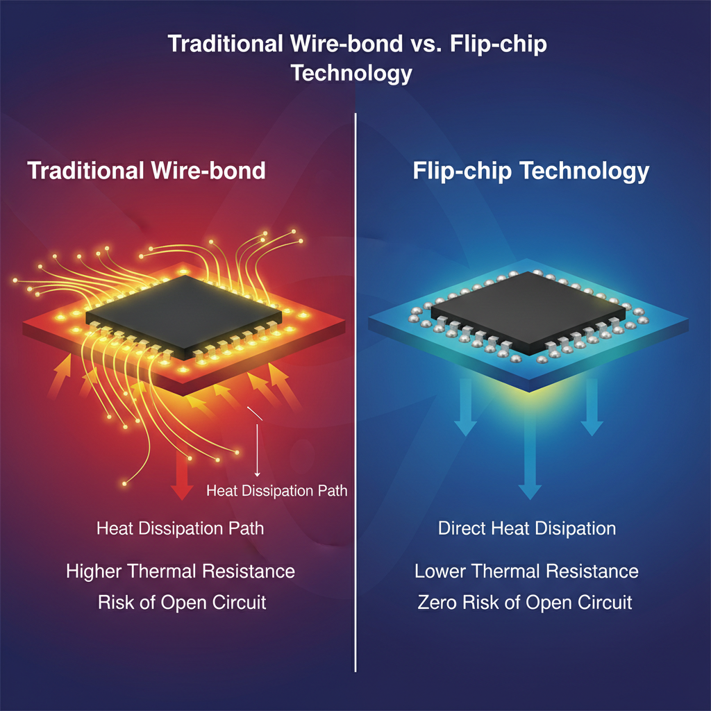 对比示意图，展示传统正装工艺（Wire-bonding）通过金线连接，散热路径较长；倒装工艺（Flip-chip）则芯片直贴支架，无金线，散热效率更高，具有零断路风险的优势。