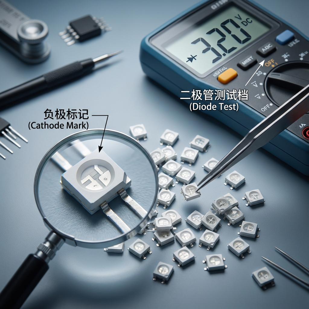 工程师工作台上散落的5050贴片LED灯珠，特写镜头聚焦于一颗LED的缺口处（负极标记），背景中万用表显示二极管测试档，旁边有防静电镊子。
