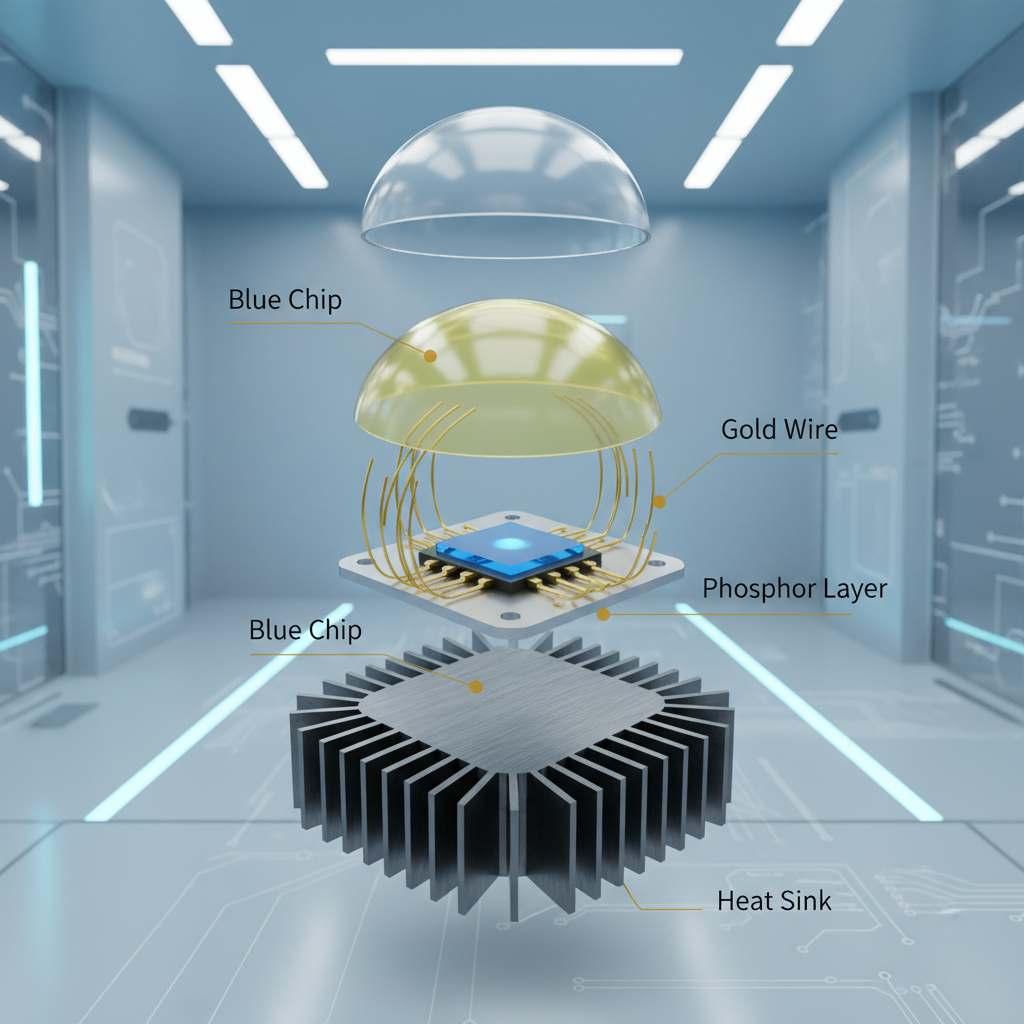 白光LED封装结构的3D爆炸视图，突出芯片、荧光粉、金线和散热基板等关键组件。
