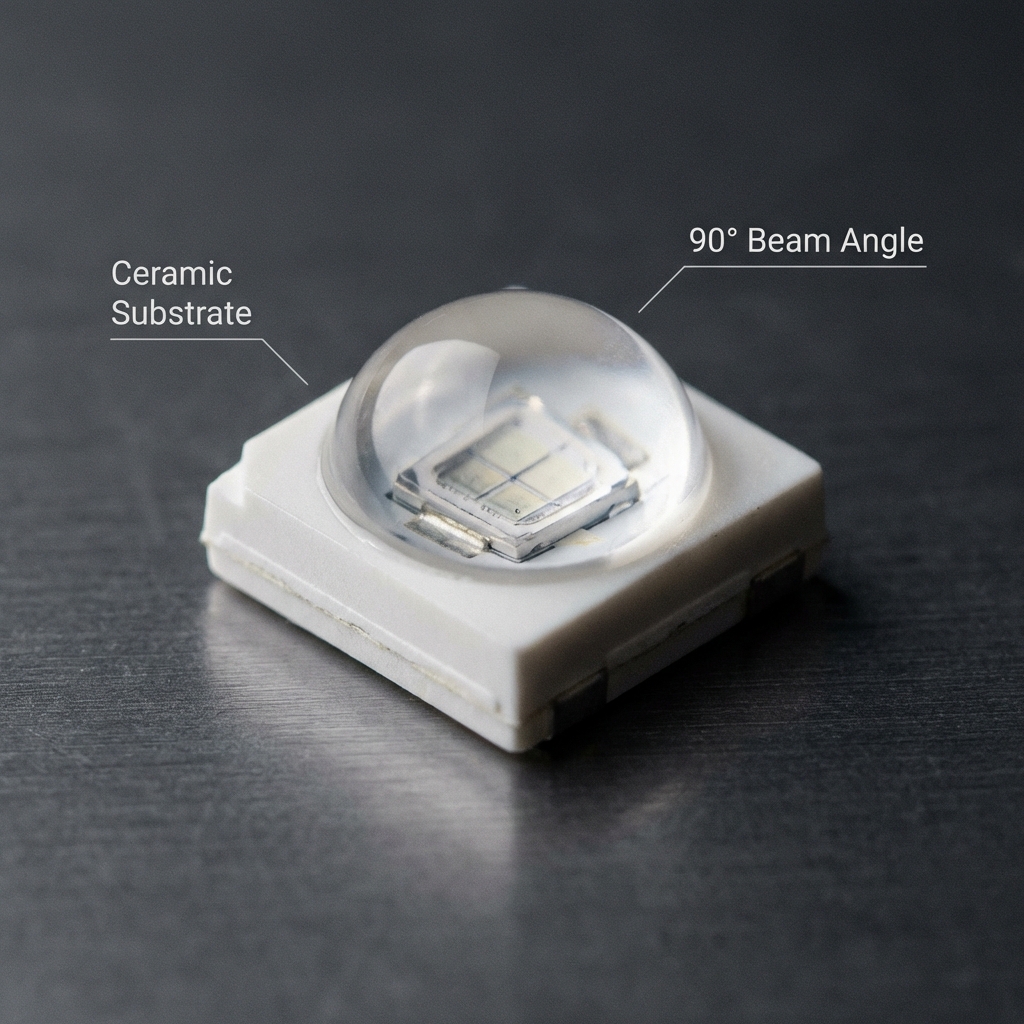 5050 90°陶瓷灯珠特写：展示其5.0mm x 5.0mm的封装结构，哑光白色陶瓷基板和晶莹的90°半球形硅胶透镜，背景为深灰色科技感拉丝金属桌面，并标注有‘Ceramic Substrate’和‘90° Beam Angle’。