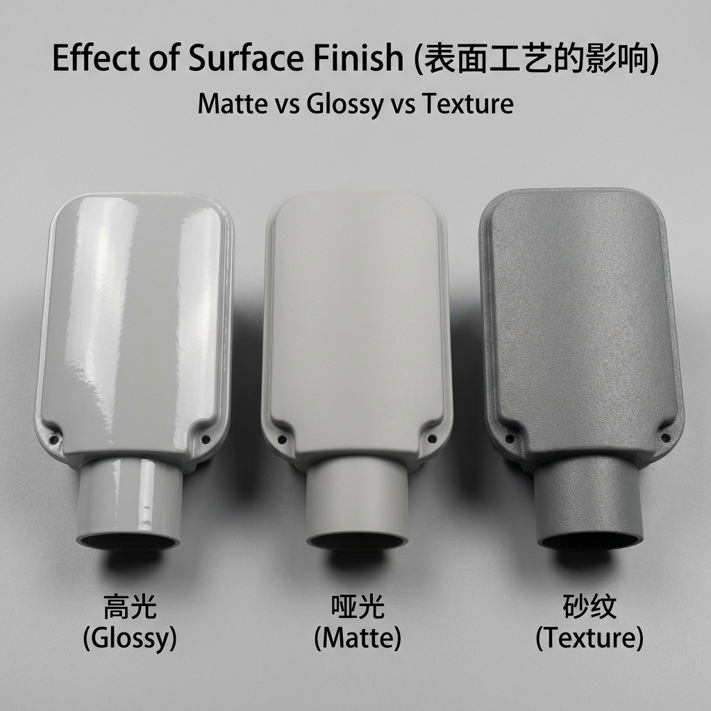 材质与表面工艺对RAL 7035色彩表现的影响对比图，展示了高光、哑光和砂纹三种表面处理的LED灯具外壳零件，同样是RAL 7035色，但视觉呈现存在差异。