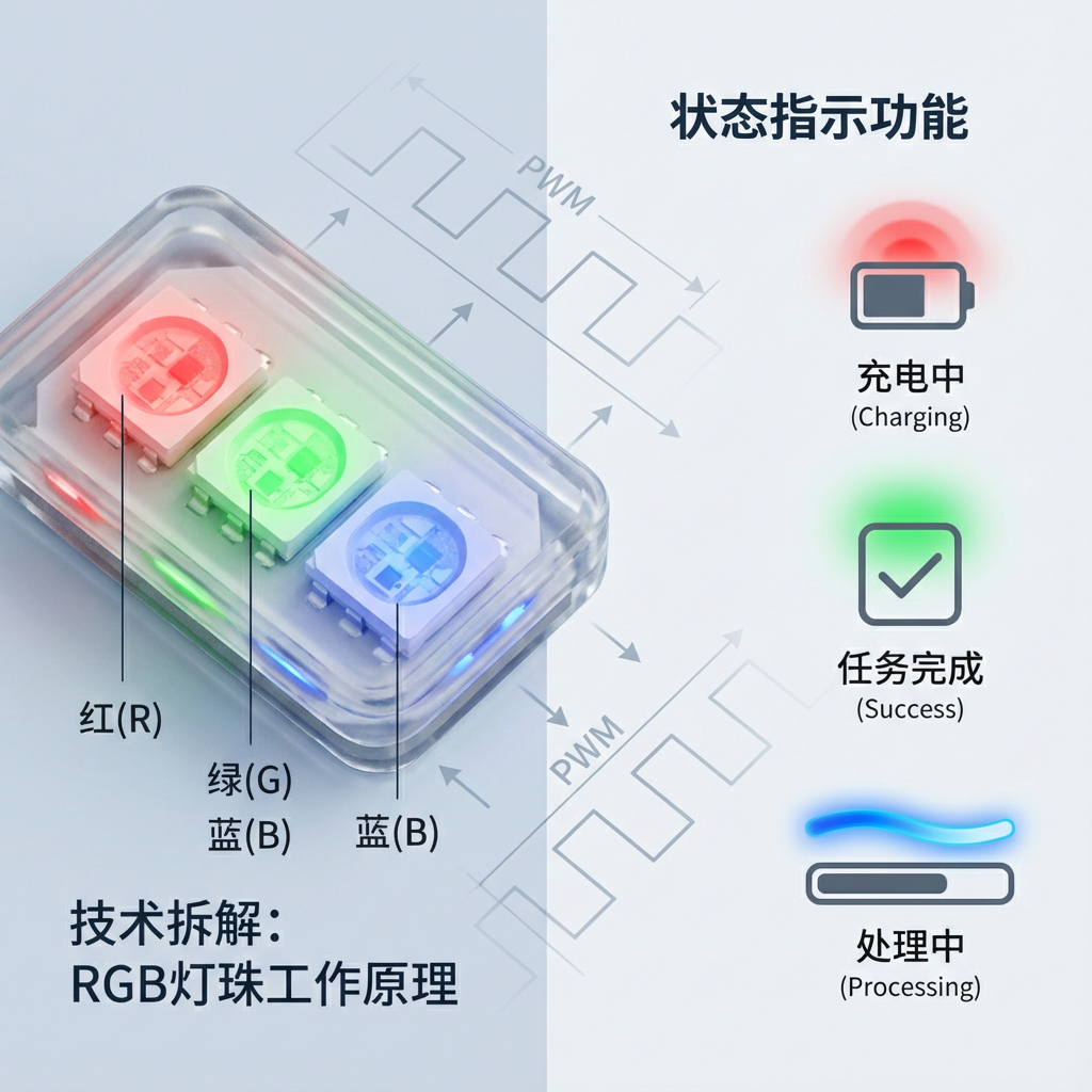 特写高品质SMD 5050 RGB灯珠，清晰可见红绿蓝芯片；右侧图标展示RGB灯不同状态：红色呼吸代表充电，绿色常亮代表成功，蓝色流光代表处理中，并隐约有PWM波形示意，解释其工作原理。