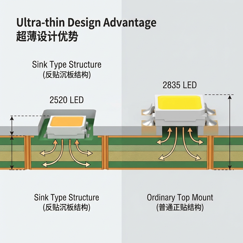 三维剖面技术原理图，对比2520反贴LED与普通正贴LED的安装结构，突出反贴LED沉板设计在超薄应用中的优势，并示意散热路径。
