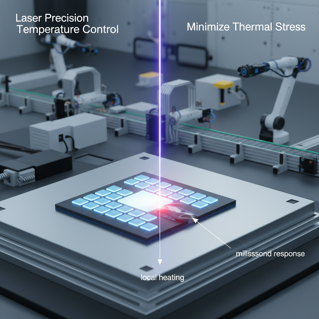 高精密LED芯片在激光作用下焊盘锡膏瞬间熔化，芯片中心发光区保持冷色调，强调激光精准温控减少热应力。