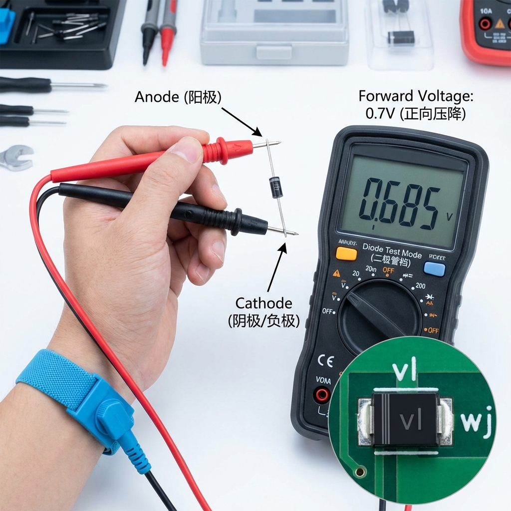 一张实操指南风格的摄影图，展示如何识别HBV二极管极性及使用万用表进行检测。画面中一只佩戴防静电手环的手正拿着数字万用表的红黑表笔。红表笔接触二极管阳极，黑表笔接触阴极（带色环标记的一端）。万用表屏幕清晰显示“0.685V”的读数，表明正向导通状态。图片一角以特写方式展示SMD贴片二极管的阴极横线标记和丝印代码（如文中提到的“vl”, “wj”）。Text Annotations: 'Anode (阳极)', 'Cathode (阴极/负极)', 'Diode Test Mode (二极管档)', 'Forward Voltage: 0.7V (正向压降)'. 图片风格写实，光线明亮，适合作为文章结尾的工程实战指导。