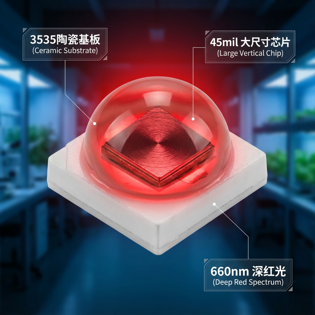 3535红光660nm陶瓷LED灯珠产品特写，展示45mil大尺寸芯片和陶瓷基板，强调其作为植物照明光合引擎的核心地位