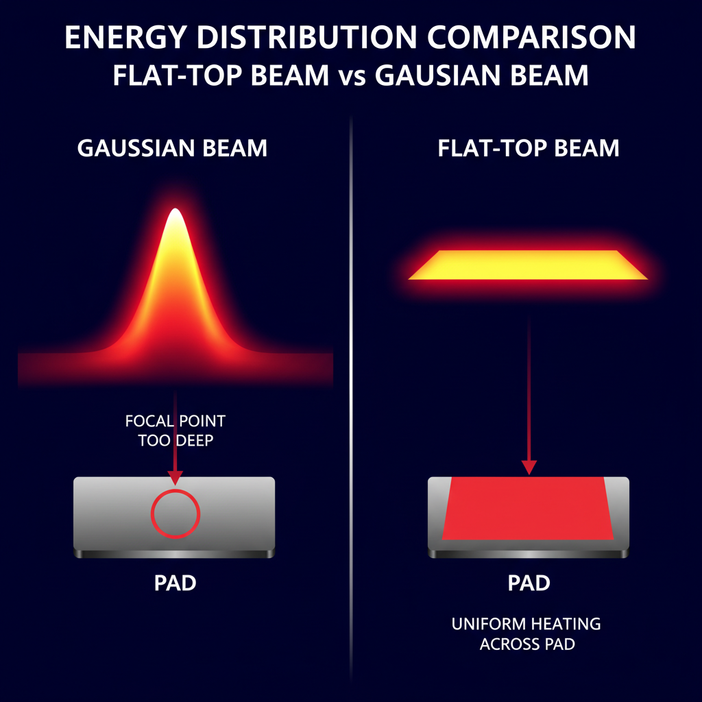 对比高斯光束与平顶光束的能量分布，高斯光束中心热边缘冷，平顶光束能量均匀，强调平顶光束在LED焊接中的优势。