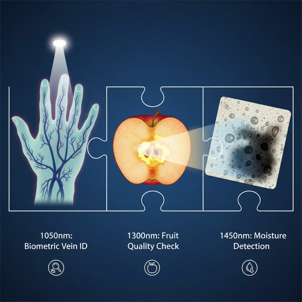 红外波长应用场景拼图。左侧展示1050nm光线穿透手背皮肤清晰显示静脉血管；中间展示1300nm光线穿透苹果检测内部糖分；右侧展示1450nm光线照射在湿润物体上，水分因强吸收显示为黑色阴影。