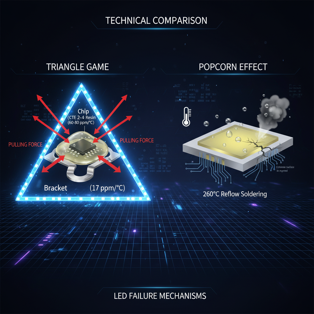 LED封装中热膨胀系数（CTE）差异导致的裂纹与吸湿回流（爆米花效应）引发的表面破裂技术图。