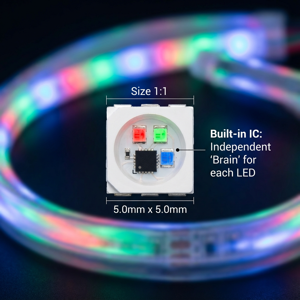 5050幻彩灯珠微距摄影图,展示内置IC:每个灯珠的独立大脑。