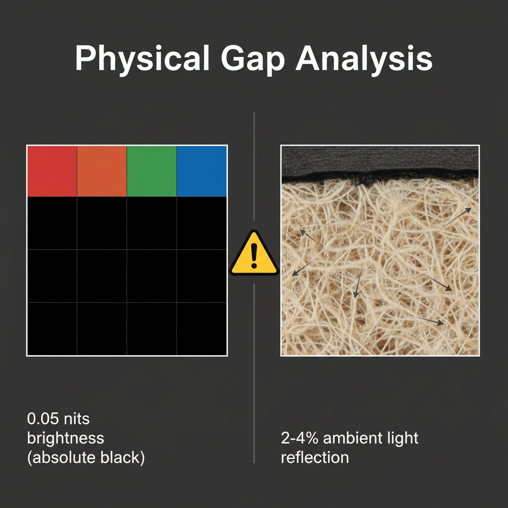 物理维度博弈图，解析了显示器r0g0b0的0.05尼特亮度与印刷品2-4%环境光反射的物理鸿沟，并显示溢色警告