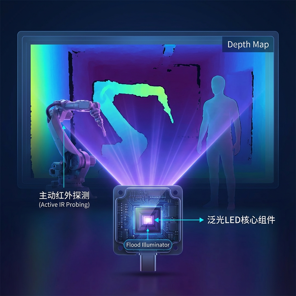ToF深度相机核心原理图:泛光LED发射均匀红外光束,投射在物体上形成高精度深度图。