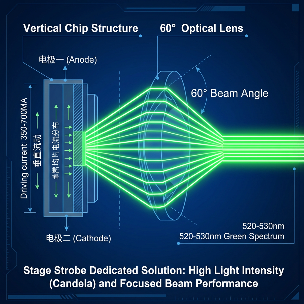 光学路径与芯片结构示意图。左侧展示垂直芯片的截面，右侧展示光线经过60度透镜后形成紧凑绿色光束。