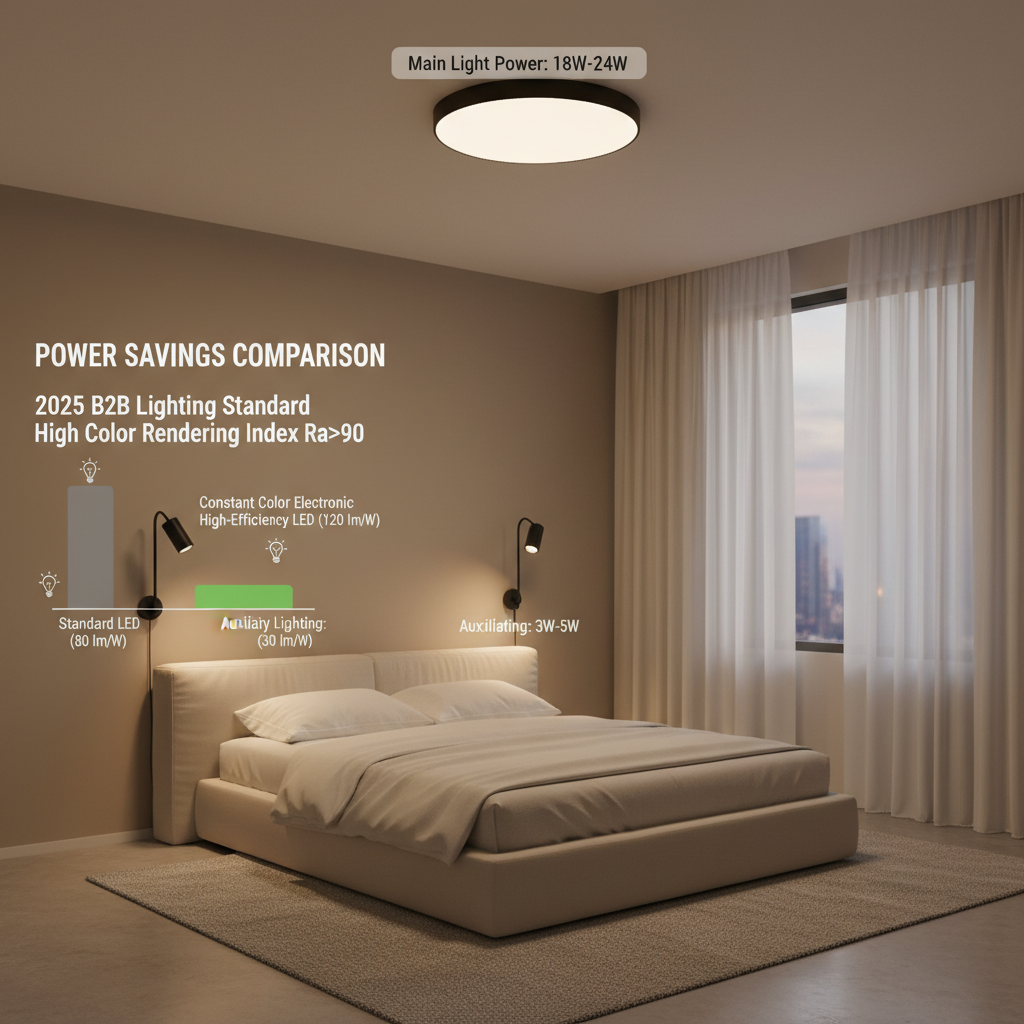 一张展示现代卧室专业照明布局的实景渲染图，标注主灯18W-24W，辅助照明3W-5W，并强调2025 B2B照明标准和高显色性Ra>90，以及普通LED与恒彩电子高光效LED的功率节省对比。
